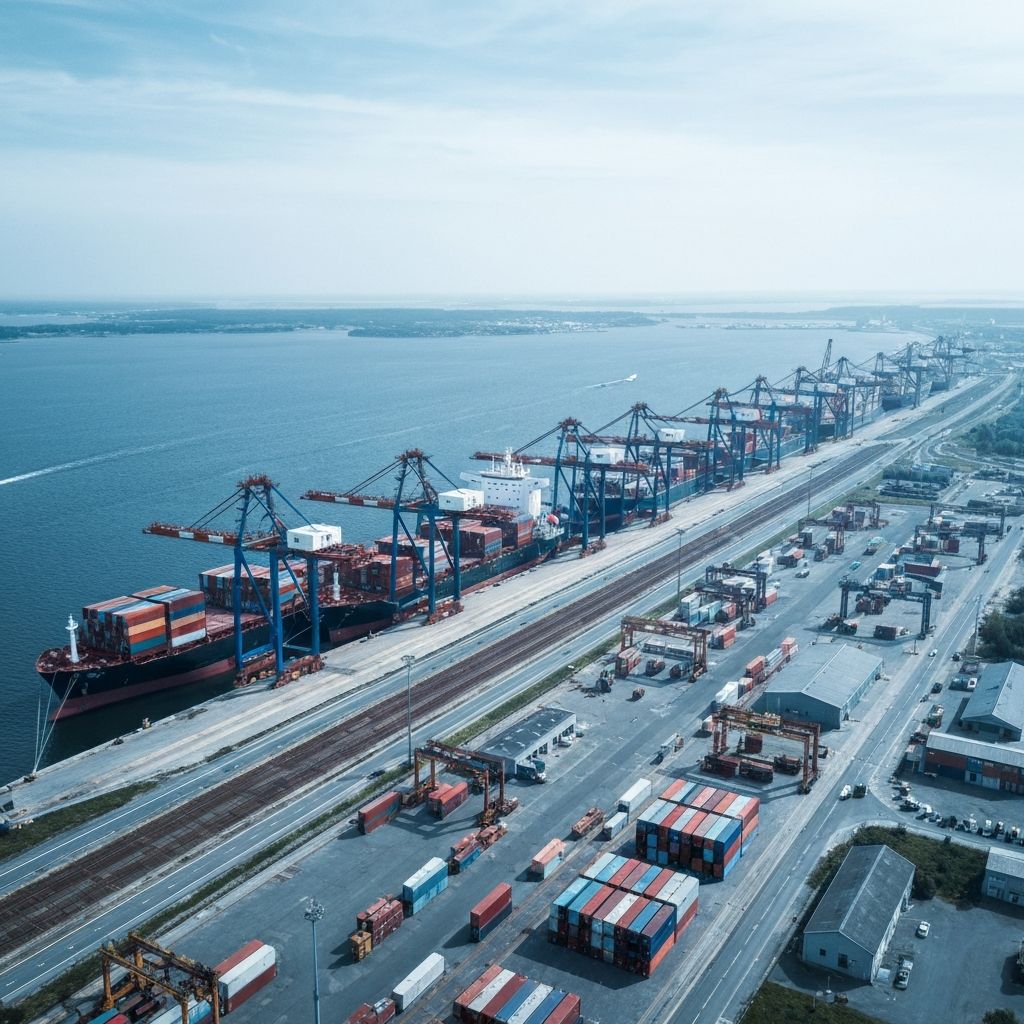 Aerial view of cargo ships at Baltic Sea port